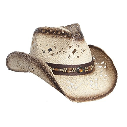Vamuss Straw Cowboy Hat WVegan Leather Band   Beads Shapeable Brim Beach Cowgirl Tea Stain One Size