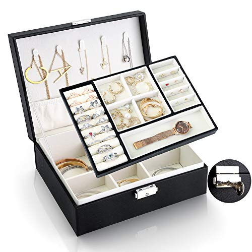 Burpada Jewelry Box for Women Jewelry Organizer Box 2 Layer Large PU Leather Display Storage Case Holder with Lock for Earrings Bracelets Rings Necklace
