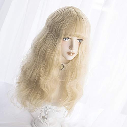Long Wavy Wig Bangs - Natural Synthetic Hair Lolita Wig with Wig Cap For Women Cosplay and Daily Wear Blonde Long Wavy Wig Bangs - Natural Synthetic Hair Lolita Wig with Wig Cap For Women Cosplay and Daily Wear Blonde