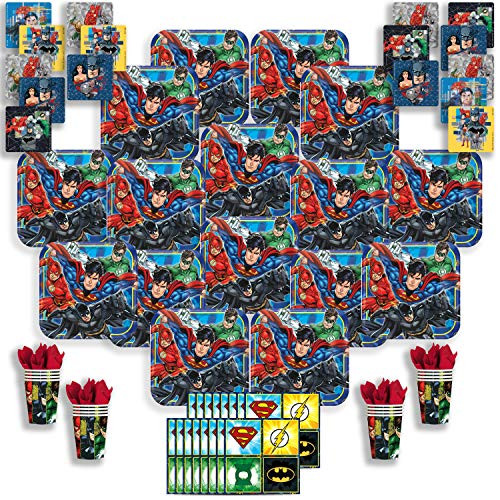 B-THERE Justice League Party Pack Bundle - Justice League Birthday Set Seats 16 Plates Cups Napkins and Stickers_ Childrens Party Supplies