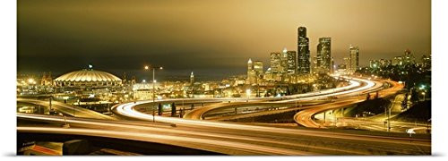 GREATBIGCANVAS Entitled Buildings lit up at Night Seattle Washington State Poster Print 36 x 12 Multicolor