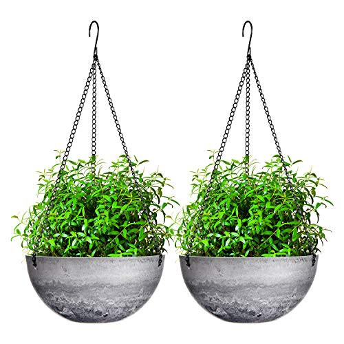 Hanging Planters Flower Plant Pots - 10 Inch Indoor Outdoor Hanging Flower Pots Haning Planters with Drain Holes Plant Pot for Hanging Plants Set of 2 Stone Grey