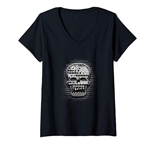 Womens Awesome Binary Skull Face Tech Gift for Geek V-Neck T-Shirt