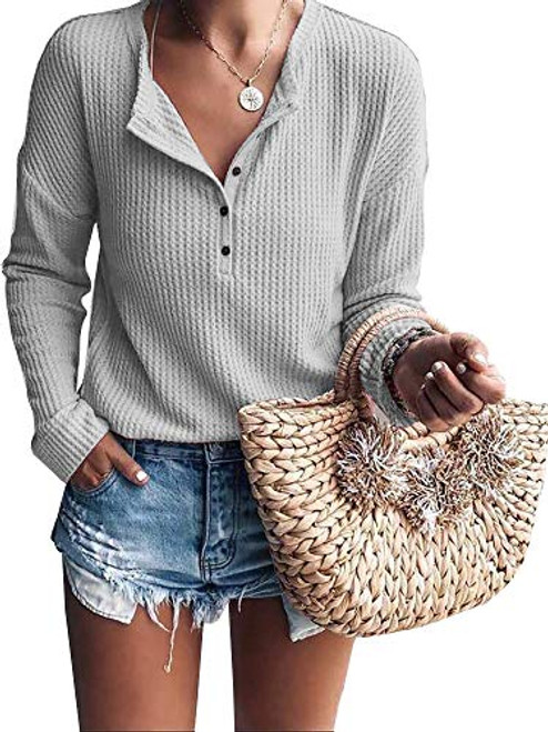 Womens Henley Shirts V Neck Long Sleeve Button Down Waffle Knit Tunic Tops Tee Grey X-Large