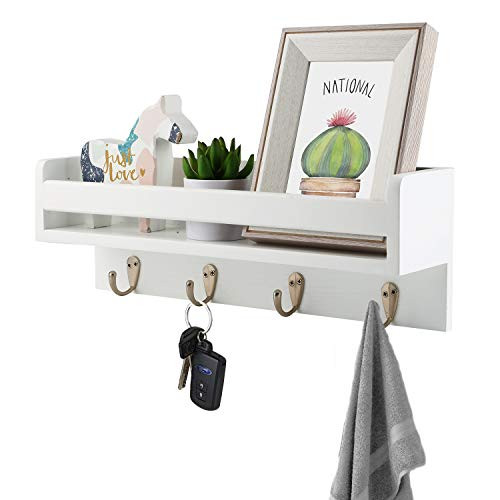 Halcent Wall Mounted Coat Rack Floating Wall Shelf Wood Coat Hook Rack Entryway Organizer with 4 Key Holder Hooks for Magazine Letter Mail Holder