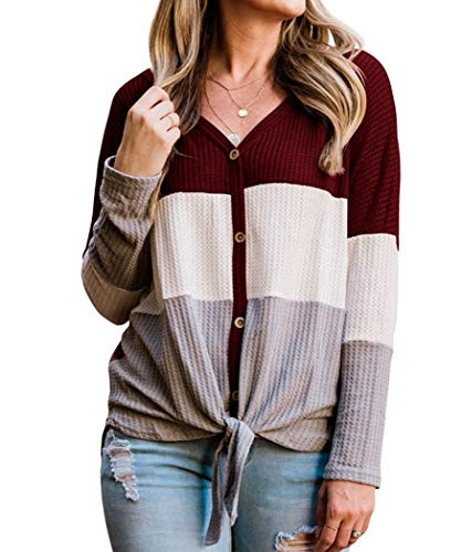 IWOLLENCE Womens Waffle Knit Tunic Blouse Tie Knot Long Sleeve Henley Tops Triple Color Block T-Shirt Wine Red Large