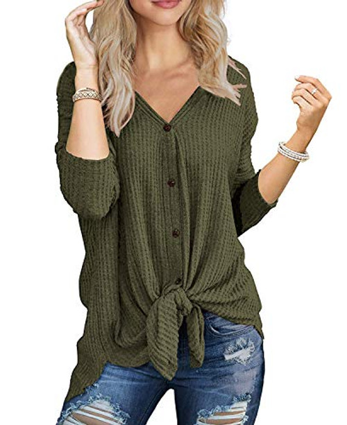 MOLERANI Womens Waffle Knit Tunic Blouse Tie Knot Henley Tops Loose V-Neck Button Fitting Bat Wing Plain Shirts M Army Green