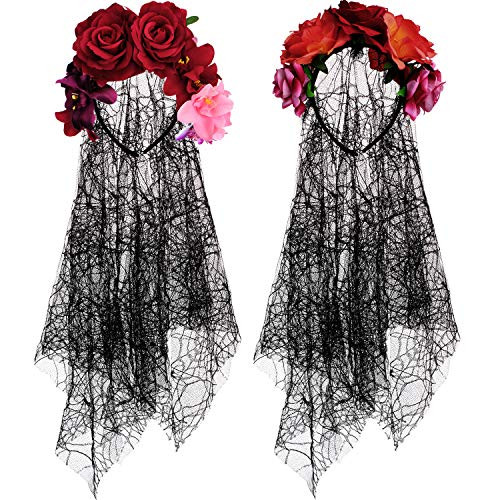 2 Pieces Day of The Dead Headpiece Mexican Headband Veil Rose Floral Crown with Veil Headband Halloween Costume 2 Pieces Day of The Dead Headpiece Mexican Headband Veil Rose Floral Crown with Veil Headband Halloween Costume