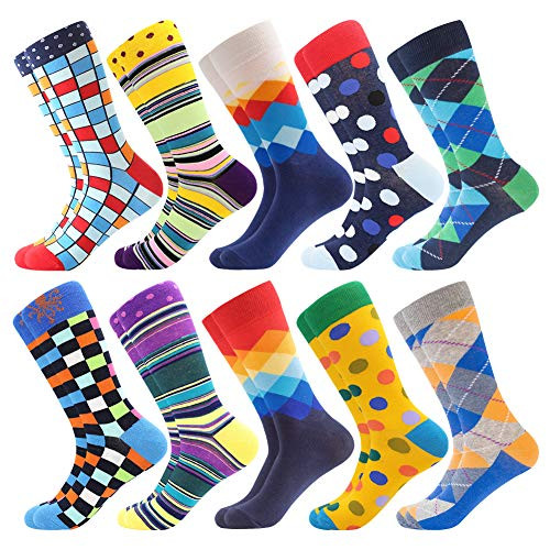 Bonangel Mens Fun Dress Socks - Colorful Funny Novelty Crazy Crew Socks Packs with Cool Argyle Pattern Blue Yellow-Pattern 16