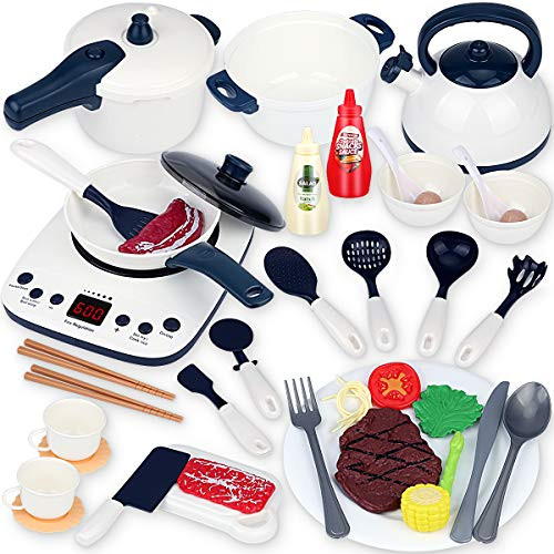 Boogem 40PCS Kids Kitchen Pretend Play Toys Kitchen Toys Set with Electronic Induction Cooktop Cooking Utensils Pressure Pots and Pans Cookware Playset Learning Gift for Toddlers Baby Girls Boys