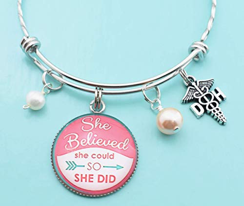 Dental Hygienist Caduceus Charm Women Bangle Bracelet in Stainless Steel  Genuine Swarovski Crystal Pearl  She Believed She Could So She Did  Perfect Gift for Her