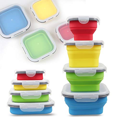Silicone Collapsible Food Storage Containers Set of 4 Square Silicone Lunch Containers Leftover Meal Box for Kitchen Microwave and Freezer Safe