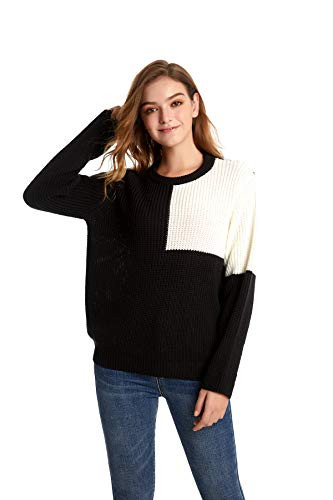 Womens Casual Round Neck Neck Color Block Sweater Long Sleeve Knit Pullover Sweater Top Black