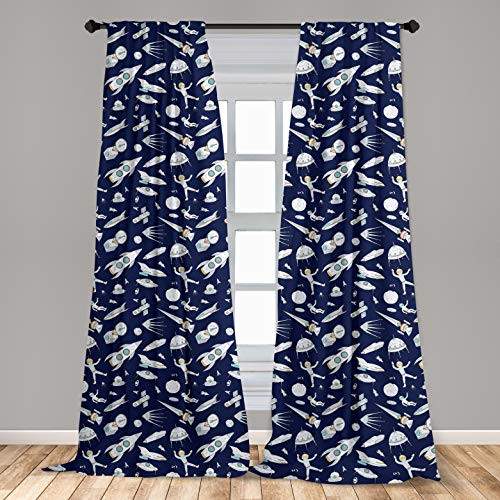 Ambesonne Space Curtains Planets Rockets Cosmonauts Shuttles UFO Cosmic Adventure Digital Kids Nursery Theme Window Treatments 2 Panel Set for Living Room Bedroom Decor 56 x 63 Indigo White