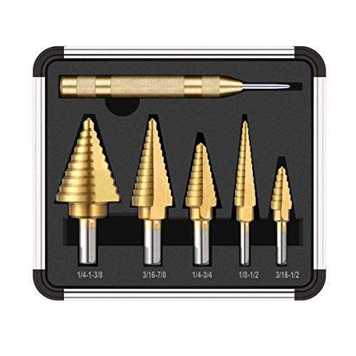 UHAPEER Step Drill Bit Set Titanium High Speed Steel 5-Piece 50 Sizes with Automatic Center Punch Multiple Holes Stepped Up Bits in Aluminum Case