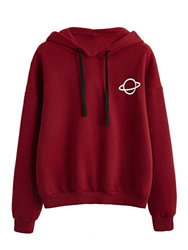 MakeMeChic Womens Casual Graphic Print Long Sleeve Drawstring Pullover Sweatshirt Top Red Hoodie M