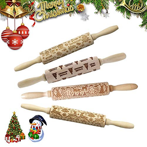 Christmas Wooden Rolling Pin Engraved Embossing Rolling Pin with Christmas Tree Deer Pattern for Baking Embossed Cookies Rolling Pin Kitchen Tool 14inch