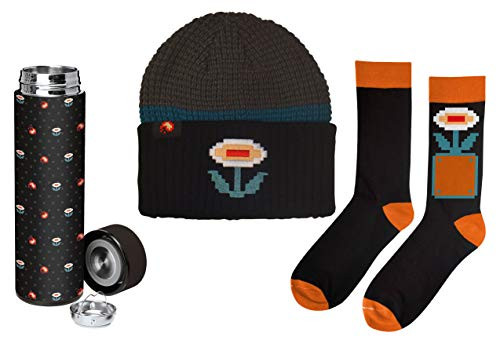 Dungeon Super Mario Bros Classic 3 Piece Fire Flower Socks Beanie and Stainless Steel Water Bottle Gift Bundle