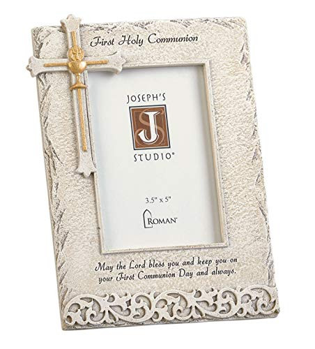 Josephs Studio by Roman - First Communion Picture Frame for 3_5 x 5 Photo Stone Finish Vertical Tabletop or Desk Display - 8 H Resin and Stone Decorative