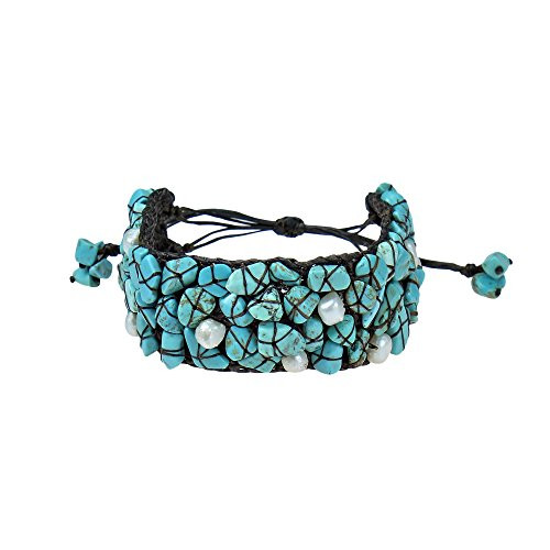 AeraVida Handmade Simulated Turquoise and Cultured Freshwater Pearl Adjustable Wrist Pull Bracelet AeraVida Handmade Simulated Turquoise and Cultured Freshwater Pearl Adjustable Wrist Pull Bracelet