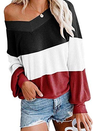 UGET Womens V Neck Long Sleeve Waffle Knit Top Off Shoulder Pullover Slouchy Sweater Medium 01-Blak