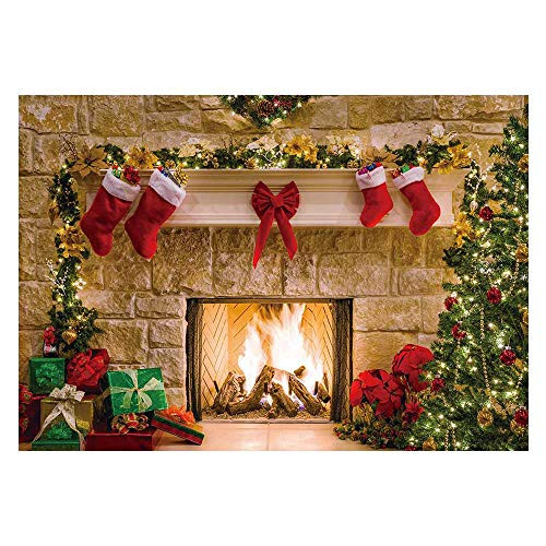 Funnytree 8x6ft Christmas Fireplace Backdrop Interior Vintage Xmas Tree Stockings Photography Background Portrait Photobooth Party Banner Decorations Photo Studio Props