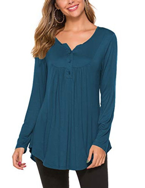 Womens Fall Shirts Casual Long Sleeve Tops Button up Henley T-Shirt Tunic Blouses XL Dark Cyan