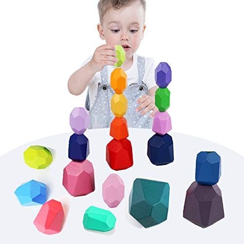 VR CHAMPS Wooden Stacking Balance Building Blocks Set- 20 Pcs Colored Wood Sorting Stacking Balancing Lightweight Wood Stone Rocks for Preschool Kids Educational Learning Game Toys