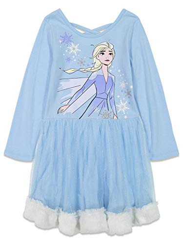 Disney Frozen Elsa Big Girls Long Sleeve Dress Cross Back Fur Trim Hem Blue 8