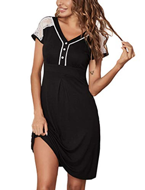 ADOME Women Nightgowns Lace Sleepwear Cotton Nightwear Soft Sleep Shirt Short Sleeve Loungewear Nightshirts S-XXL Black