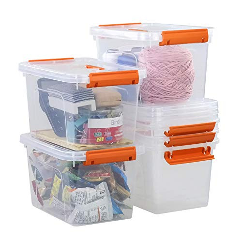 Ponpong Small Storage Bins with Lids and Handles Plastic Latch Boxes Clear and Orange 6 Packs