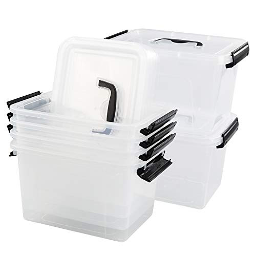 Leendines 5 Quart Storage Box Tote with Lid 6 Packs Small Plastic Bin Black Handle
