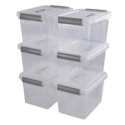 Ponpong 6 Quart Plastic Storage Boxes Bins Containers with Lids and Handles Clear and Grey 6 Packs