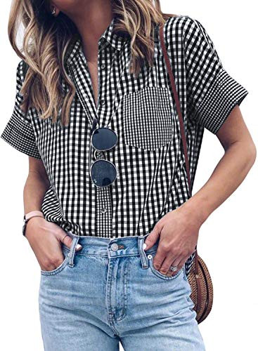 HOTAPEI Womens Summer Casual V Neck Plaid Striped Cuffed Sleeve Button Down Collar Work Shirts Tops Chiffon Blouses for Women Fashion 2020 Short Sleeve Large