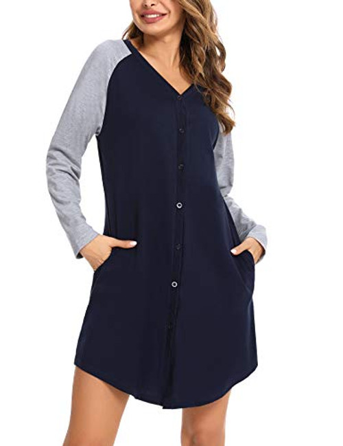 Aiboria Womens Button Down Nightgowns Long Sleeve Nightshirt Sleepwear Sleep Tee Loose Shirts Boyfriend Pajama Dress Navy Aiboria Womens Button Down Nightgowns Long Sleeve Nightshirt Sleepwear Sleep Tee Loose Shirts Boyfriend Pajama Dress Navy