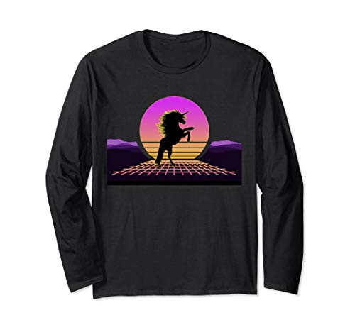 Retro Unicorn 80s Outrun Digital Vaporwave Synthwave Sunset Long Sleeve T-Shirt