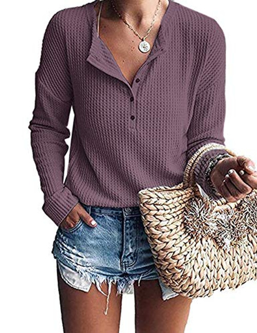WNEEDU Womens Waffle Knit Tunic Tops Loose Long Sleeve Button Up V Neck Henley Shirts L Mauve2 WNEEDU Womens Waffle Knit Tunic Tops Loose Long Sleeve Button Up V Neck Henley Shirts L Mauve2
