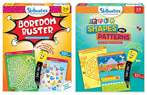 Skillmatics - Boredom Buster  Shapes and Patterns Bundle Ages 3-6  12 Erasable and Reusable Activity Mats  2 Travel Toys with Dry Erase Markers  Learning Tool for Kids 3 4 5 6 Years