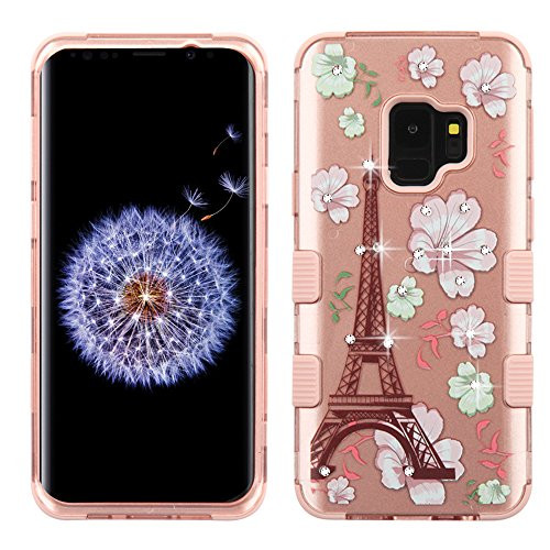 MyBat Cell Phone Case for Samsung Galaxy S9 - Eiffel Tower in Blooming 2D Rose Gold Diamonds Image