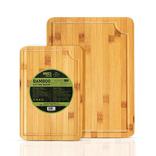 Bamboo Cutting Board for Chopping Meat Vegetables Serving Fruits Cheese - with Juice Groove and Built-in side Handles - Reversible - 100 Natural Bamboo Set of 2