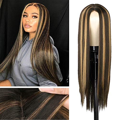 AISI HAIR Brown mixed Blonde Long Straight Natural Wig Middle Part Straight Wig With Highlights For Women Synthetic Straight Hair Wig No Bangs R6-6A-27S AISI HAIR Brown mixed Blonde Long Straight Natural Wig Middle Part Straight Wig With Highlights For Women Synthetic Straight Hair Wig No Bangs R6-6A-27S