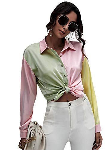 SOLY HUX Womens Satin Silk Long Sleeve Button Down Shirt Formal Work Blouse Top Color Block XS