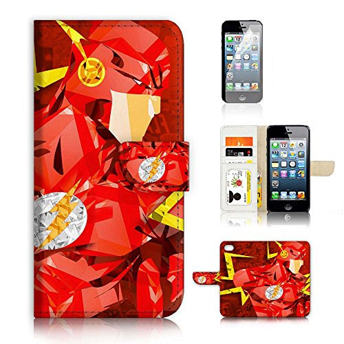 ( For iPhone 5 5S / iPhone SE ) Flip Wallet Case Cover and Screen Protector Bundle A4265 Flash Super Hero