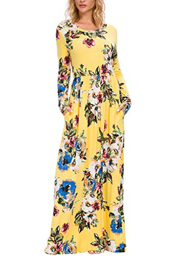 Womens Casual Floral Long Sleeve Loose Fit Pockets Long Maxi Dress Yellow L