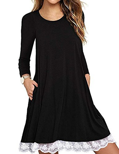 Halife Womens Tunic Top Long Sleeve Lace T-Shirt Swing Dress with Pockets BlackXL