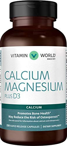 Vitamin World Calcium Magnesium Plus Vitamin D3 250 Capsules Promotes Bone Health Mineral Supplement Rapid-Release Gluten Free