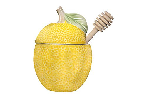 Creative Co-op Stoneware Shaped Lid   Bamboo Utensil Lemon Jar Yellow