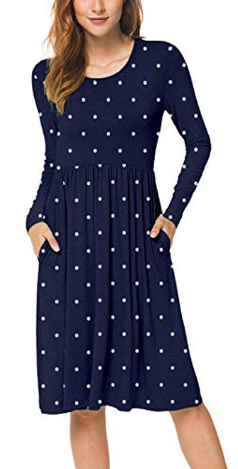 YUNDAI Women Long Sleeve Pleated Polka Dot Pocket Loose Swing Casual Midi Dress Medium Navy YUNDAI Women Long Sleeve Pleated Polka Dot Pocket Loose Swing Casual Midi Dress Medium Navy