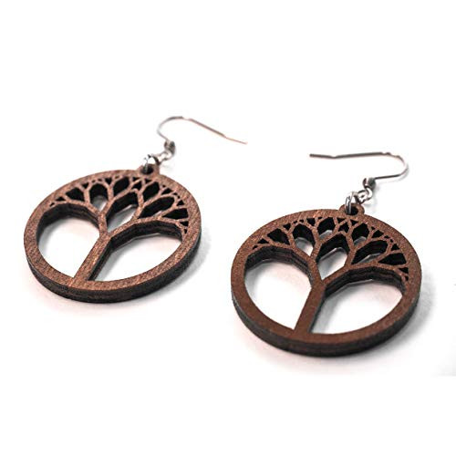 Wooden Earrings Tree of Life Laser Cut Hoop Earrings with Hypoallergenic Ear Wire Yoga Spiritual Jewelry