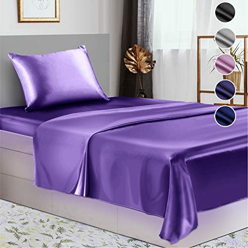 Satin Sheets Twin 3 Pieces 5 Colors Silky Satin Sheet Set -Satin Bed Set with Pillowcase Satin Fitted Sheet - Purple Satin Sheets Satin Bed Sheets Twin Satin Bedding Set